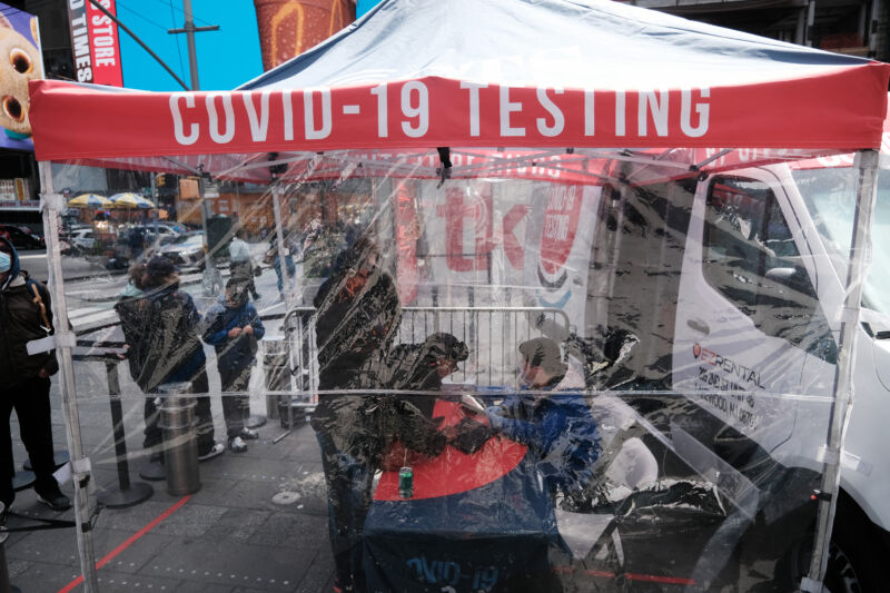 A COVID-19 test tent stands in Times Square on April 27, 2022 in New York City. 