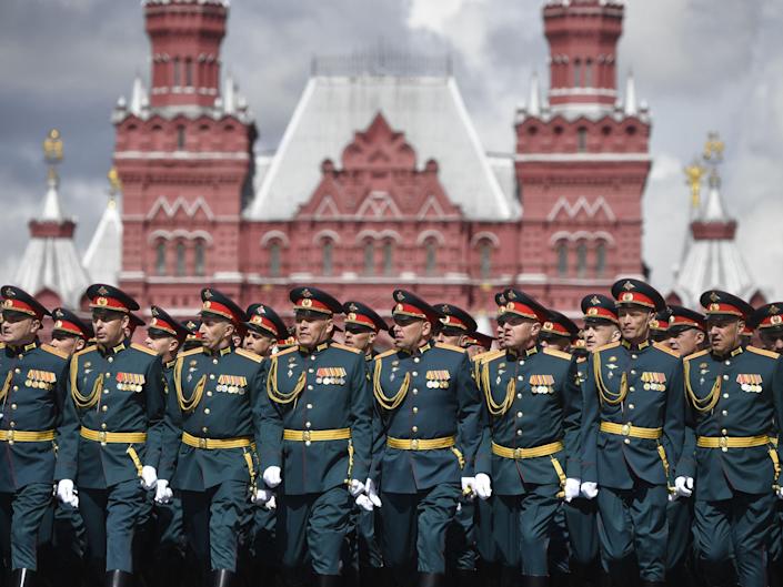 Russian soldiers march on Red Square during the Victory Day military parade in central Moscow on May 9, 2022.