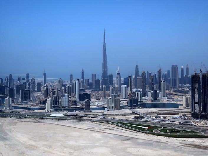 The Burj Khalifa, the world's tallest tower, dominates the Dubai skyline.