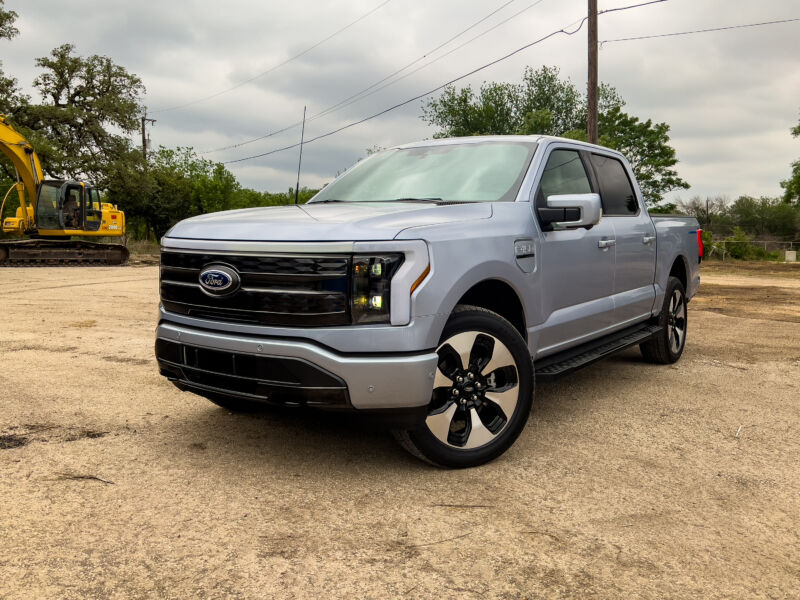 At first glance, this could be any other Ford F-150 pickup, but the aerodynamic wheels and nose treatment mark it as the all-electric F-150 Lightning.  This is the top specification Platinum version.