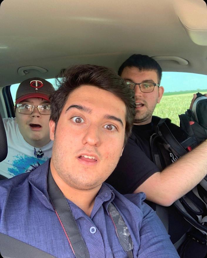 From left to right, Drake Brooks, Nicholas Nair and Gavin Short take a selfie to send to their friends during storm hunting in Kansas on Friday.  The three OU meteorology students died in an accident on Interstate 35 later that night.