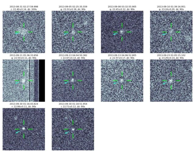 A mosaic of images from one of the 104 discoveries.  This object could not be discovered by traditional means (only two tracks, one on September 13 and one on September 30). 