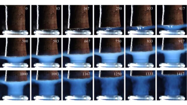 Time series showing details of a cork expelled from a champagne bottle neck stored at 20° Celsius, captured by high-speed imaging.