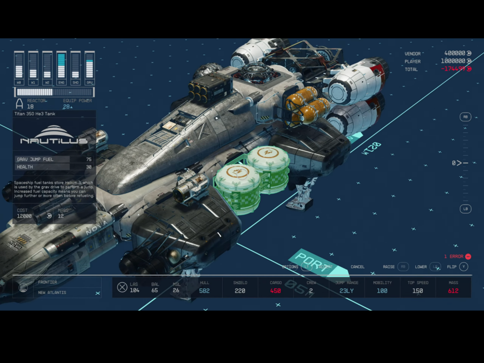 Starfield's interface for building spaceships.