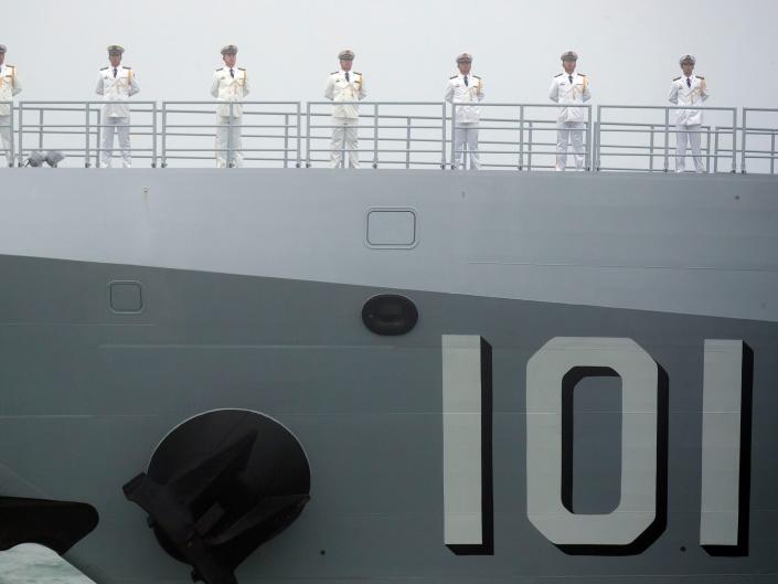 In April 2019, sailors stand on the deck of the new Type 055 guided missile destroyer Nanchang of the Chinese People's Liberation Army (PLA) Navy.