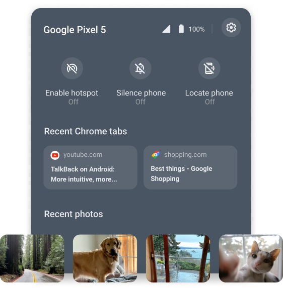 The Chrome OS Phone Hub app shows recent photos from an Android phone.