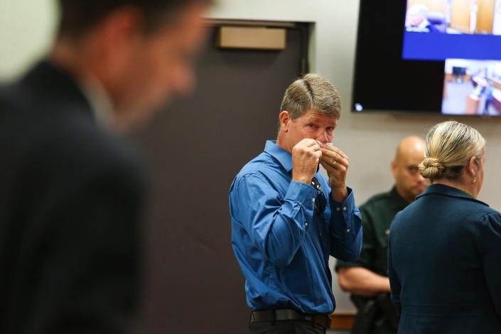 Bradley Dashner looks at Assistant State Attorney Brandon White before speaking with senior circuit judge Robert Makemson at the St. Lucie County courthouse, June 27, 2022, during the sentencing hearing of his son, Tanner Dashner.