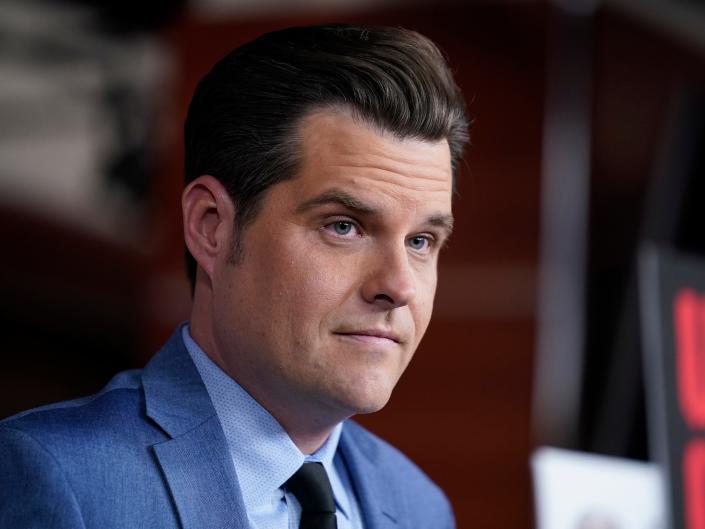 Rep.  Matt Gaetz, R-Fla., listens during a press conference at the Capitol in Washington, Tuesday, December 7, 2021.