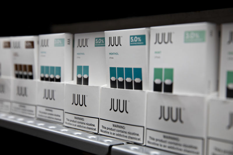 Mint and Menthol Pods for Juul Labs Inc.  e-cigarettes will go on sale in September 2019 at a store in Princeton, Illinois. 