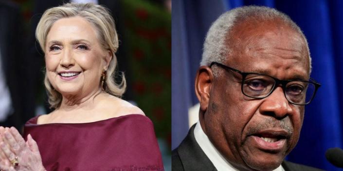 Hillary Clinton attends the 2022 Met Gala celebrating 'In America: An Anthology of Fashion'.  at the Metropolitan Museum of Art on May 2, 2022 in New York City.  Associate Supreme Court Justice Clarence Thomas speaks at the Heritage Foundation on October 21, 2021 in Washington, DC.