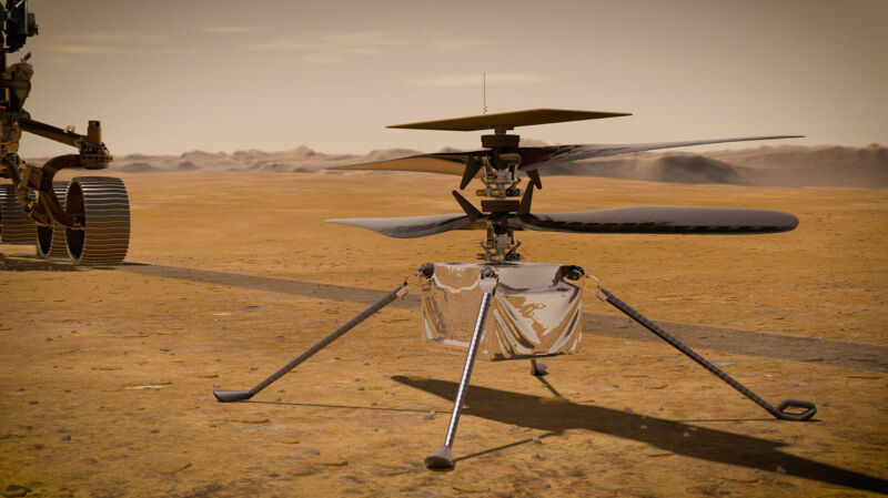 In this concept illustration from NASA, NASA's Ingenuity Mars Helicopter stands on the surface of the Red Planet as NASA's Mars 2020 Perseverance rover rolls away.