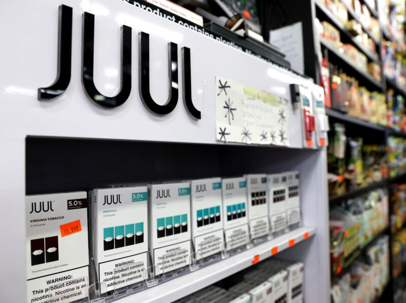 Packets of Juul e-cigarettes will go on sale at the Brazil Outlet store on June 22, 2022 in Los Angeles, California. 