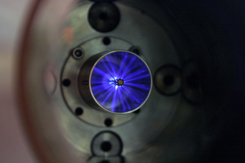 This is the view of the top of a cylinder as the TPS ignition module emits a plasma pulse.