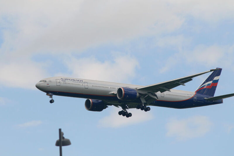 An Aeroflot Boeing 777-300ER aircraft prepares to land at Pulkovo Airport in St. Petersburg, Russian Federation, in June 2022.