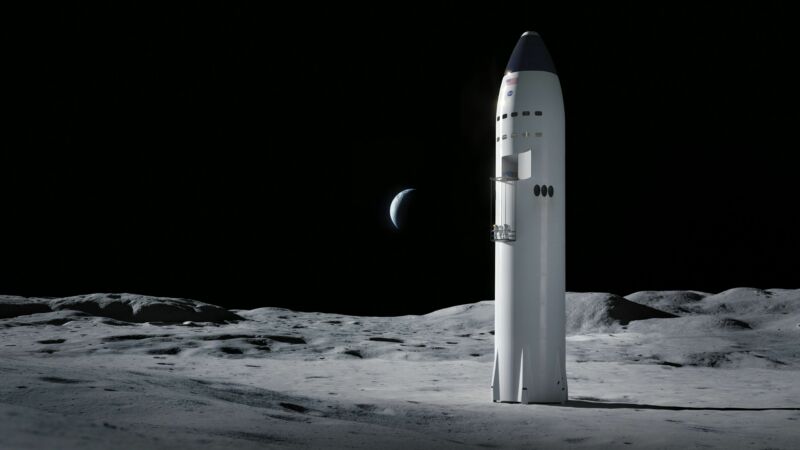 A view of SpaceX's Starship lander on the surface of the moon.