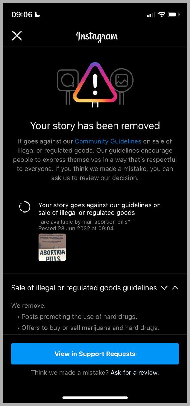 Screenshot of Instagram post stating that the abortion pill information post has been removed