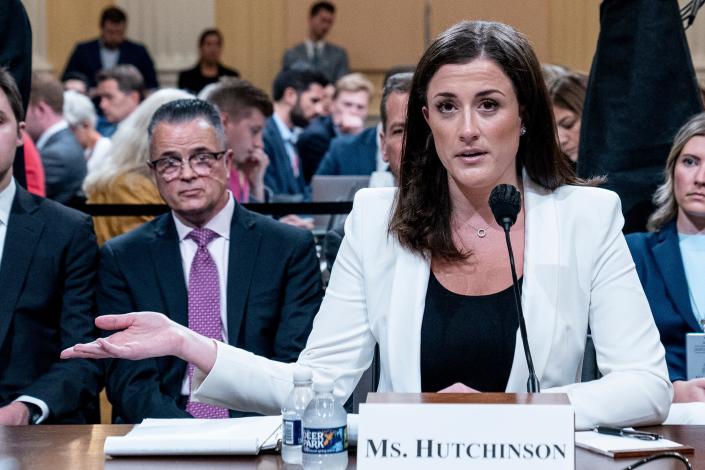 Cassidy Hutchinson, a former aide to Trump White House Chief of Staff Mark Meadows, testifies as the House select committee investigating the January 6 attack on the United States Capitol holds a hearing at the Capitol in Washington on June 28 .