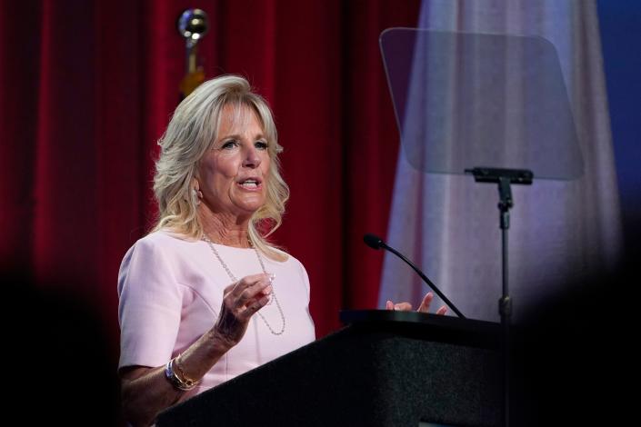 First lady Jill Biden speaks at the 125th anniversary convention of the National Parent Teacher Association in National Harbor, Maryland, June 17.