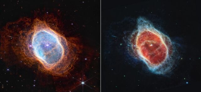 NASA's new James Webb Space Telescope has revealed extraordinary detail in the Southern Ring Nebula, a planetary nebula located about 2,500 light-years away in the constellation Vela.  On the left, a near-infrared image shows spectacular concentric gas shells, which trace the history of the dying star's outbursts.  At right, a mid-infrared image easily distinguishes the dying star at the center of the nebula (red) from its companion star (blue).  All the gas and dust in the nebula was expelled by the red star.