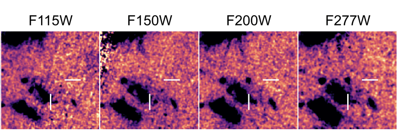 At first you don't see it (left), then you do.  Inverted brightness images show an object appearing in a region of space marked by a crosshair, but only at longer wavelengths.