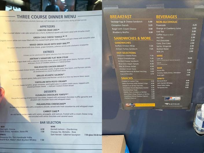 amtrak's traditional food menu on the left, cafe menu on the right