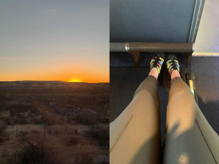 sunrise over the remote Texas country, Jill Robbins legs sitting in the coach's seat