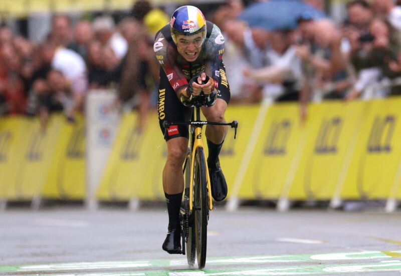 Belgian rider Wout Van Aert of the Jumbo-Visma team cycles to the finish during the first stage of the 109th edition of the Tour de France cycling race in Copenhagen, Denmark, on July 1, 2022.