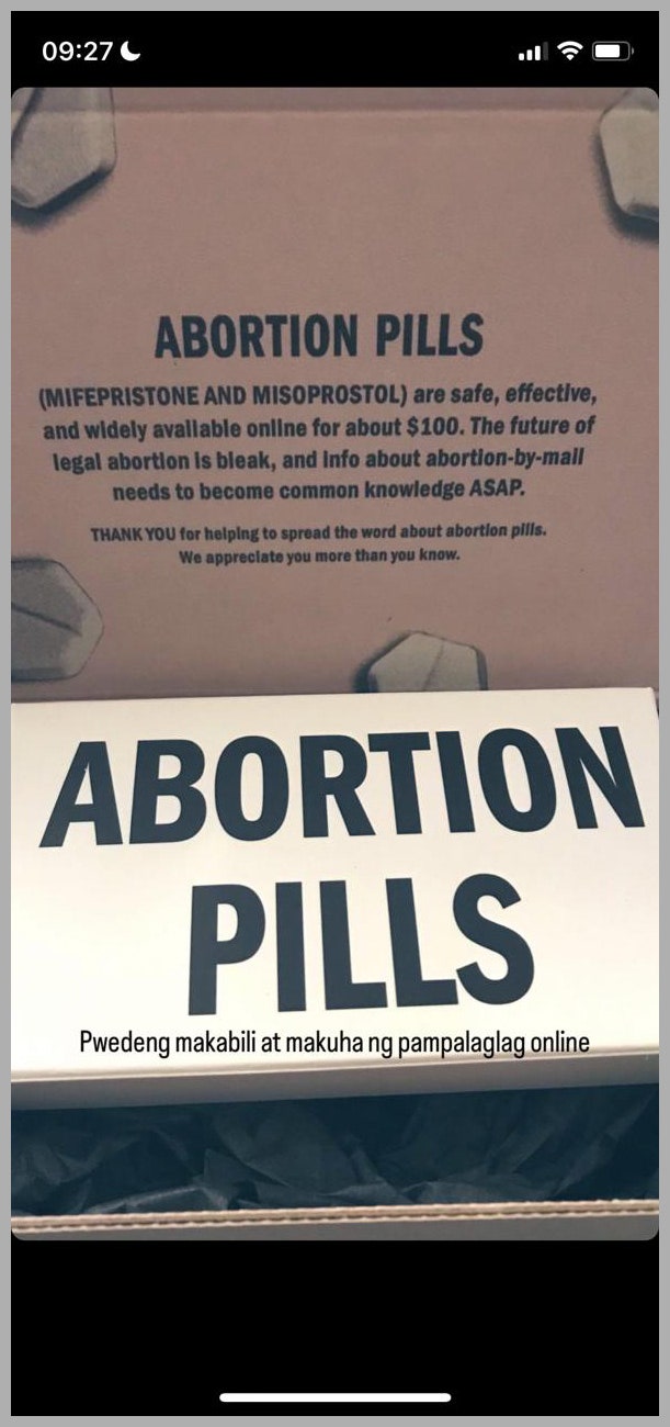 Screenshot of Instagram post with information about abortion pills