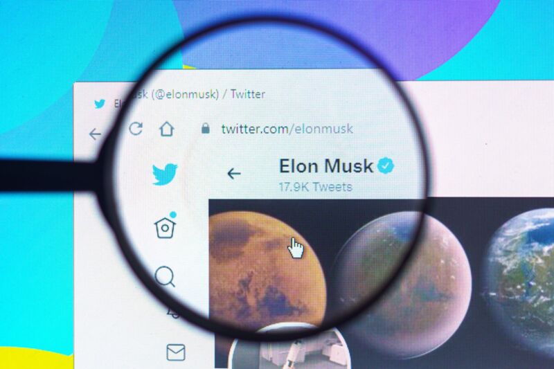 In this photo illustration, Elon Musk's official Twitter profile can be seen on a computer screen through a magnifying glass.