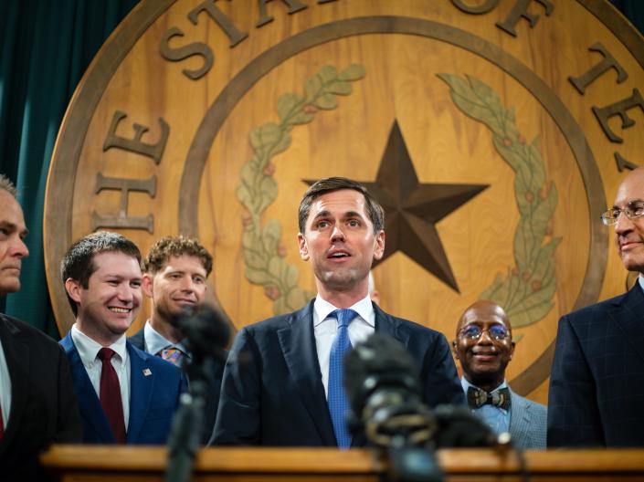 US Rep.  Mayes Middleton (R-TX) (C) of the Texas Freedom Caucus addresses the media at the Texas Capitol on July 13, 2021 in Austin, Texas.