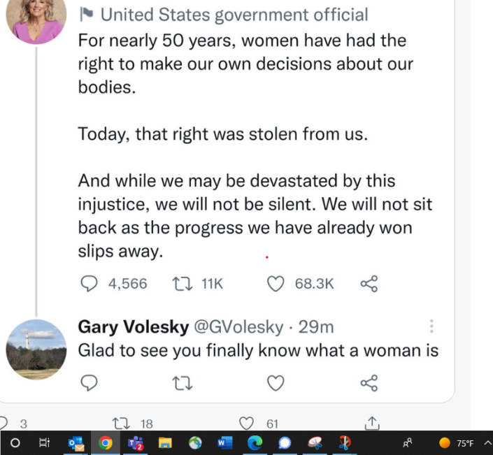 This screenshot from a since-deleted tweet posted by retired Lieutenant General Gary Volesky shows his response to a June 24 tweet by First Lady Jill Biden about abortion.