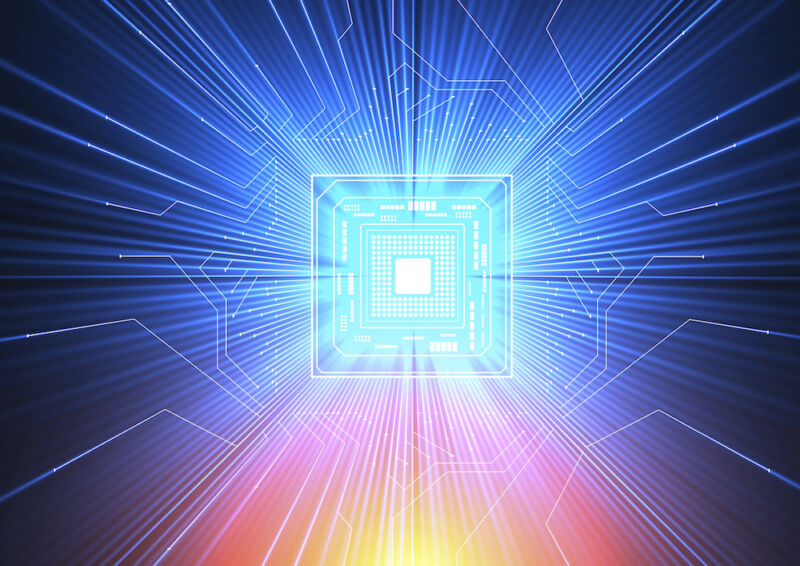 Conceptual computer artwork of electronic circuitry with blue and red light passing through them, indicating how data can be managed and stored in a quantum computer.