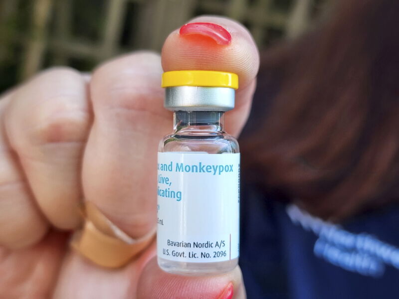 A vial of the Monkeypox vaccine is displayed by a medical professional at a vaccination site near the Northwell Health offices in Cherry Grove on Fire Island, New York, on July 13, 2022.