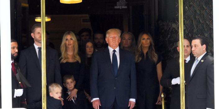 In honor of first wife Ivana Trump on Wednesday, July 20, 2022, Donald Trump is flanked by wife Melania and daughter Ivanka as they leave an Upper East Side funeral home on their way to a nearby church for memorial mass.