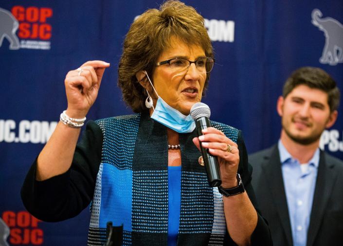 Indiana's 2nd Congressional District Representative Jackie Walorski addresses the crowd at a GOP watch party on Nov. 3, 2020 at the Holiday Inn Conference Center in Mishawaka. 