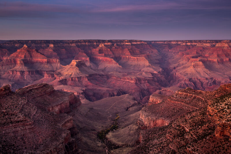 The Grand Canyon as seen from the South Rim next to the El Tovar Hotel on November 11, 2019 in Grand Canyon National Park, Arizona. 