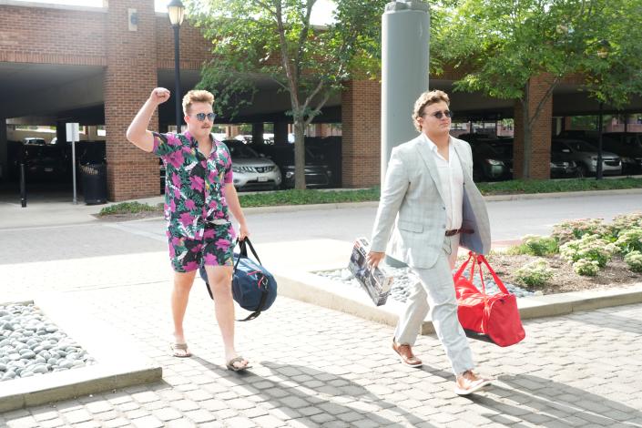 Zak Herbstreit and Toby Wilson of the Ohio State University soccer team check in at the Hyatt Grandview on Sunday, August 8, 2022.  They will stay at the hotel for 13 days during the fall training camp.