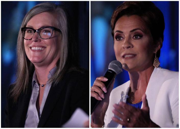 Katie Hobbs and Kari Lake at a forum hosted by the Arizona Chamber of Commerce on September 9, 2022 in Phoenix.