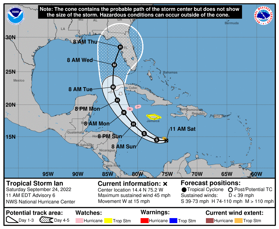 Five-day forecast for Tropical Storm Ian as of 11 a.m. ET (15:00 UTC) on Saturday.