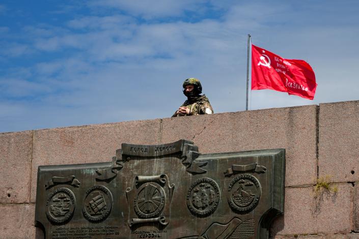 A Russian soldier on duty in Kherson, southern Ukraine, on May 20, 2022.