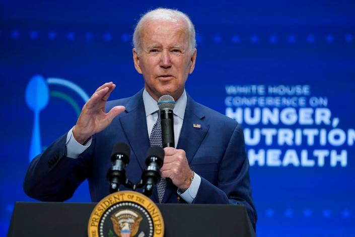 President Joe Biden speaks at the White House conference on hunger, nutrition and health at the Ronald Reagan Building, Wednesday, September 28, 2022 in Washington.  (AP Photo/Evan Vucci) ORG XMIT: DCEV446