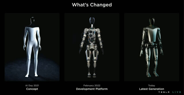 Three phases of the Tesla Optimus robot to date, presented on AI Day 2022.