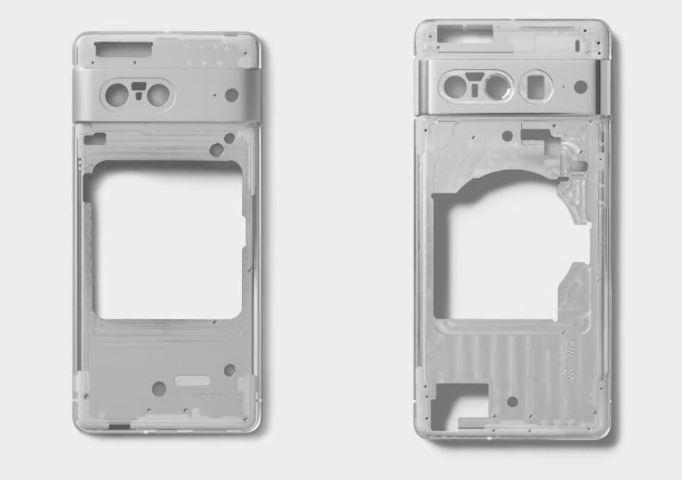 The Pixel 7 (left) and 7 Pro (right) use one large piece of aluminum for the camera bar, frame and sides. 