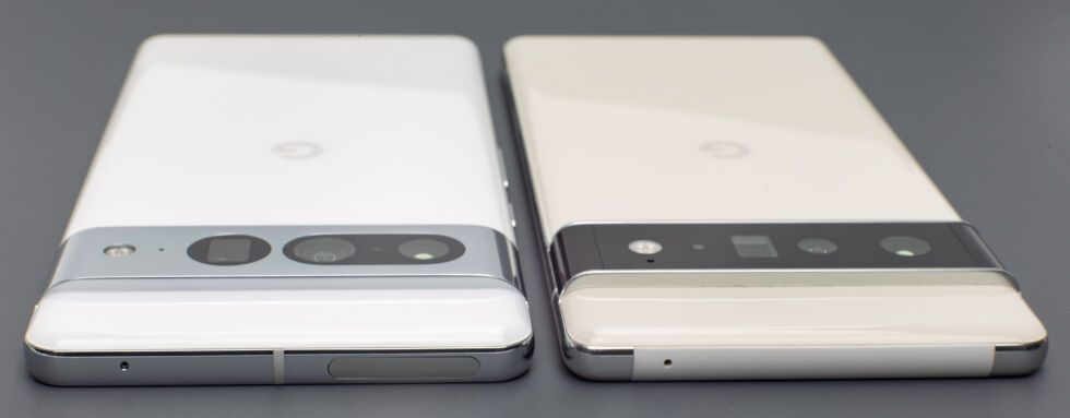 The Pixel 7 Pro (left) versus the Pixel 6 Pro (right).  The 6 Pro has a large, white, plastic mmWave window on the top edge, and the Pixel 7 Pro reduces this to a small, rounded, color-matched window.  It's much less of an eyesore.