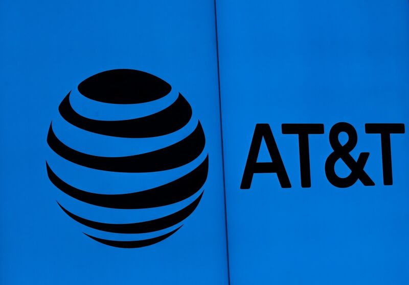 AT&T's logo depicted on a wall at its headquarters.