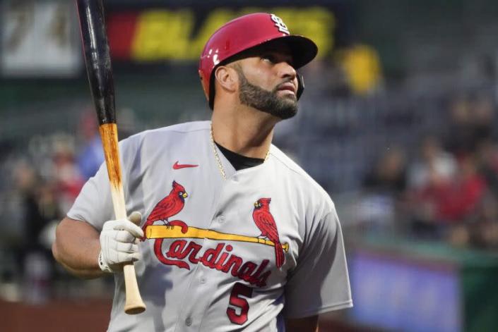 Albert Pujols (5) of St. Louis Cardinals warms up in the circle on deck before hitting the Pittsburgh Pirates.