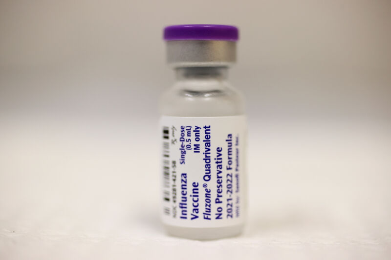 A bottle of flu vaccine at a CVS pharmacy and MinuteClinic on September 10, 2021 in Miami. 