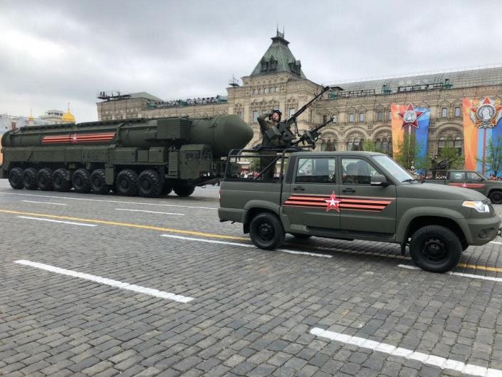 Russian Yars ballistic nuclear missiles on mobile launchers roll through Red Square during rehearsals of the Victory Day military parade on May 6, 2018 in Moscow, Russia