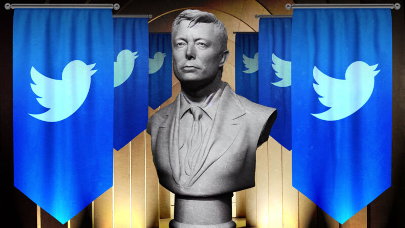 Illustration of a bust of Elon Musk surrounded by flags with the Twitter logo.