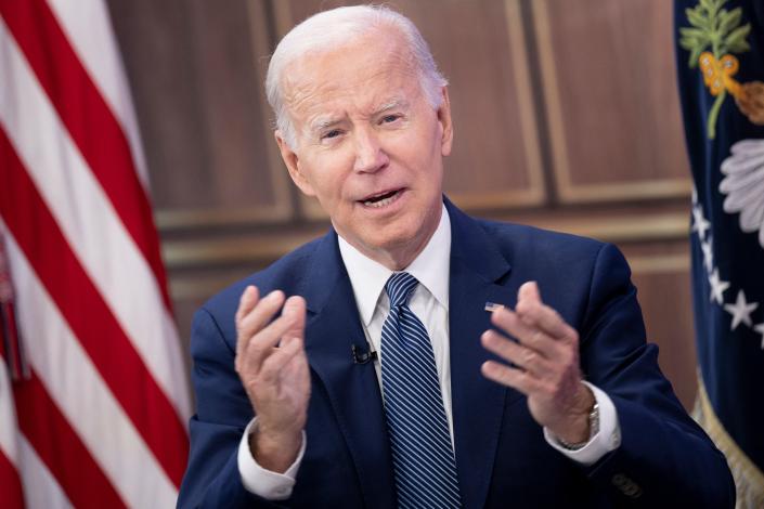 US President Joe Biden makes virtual remarks during the fire prevention and control summit from the South Court Auditorium of the White House in Washington, DC, on Oct. 11, 2022. (Photo by Brendan Smialowski/AFP) (Photo by BRENDAN SMIALOWSKI/AFP via Getty Images)